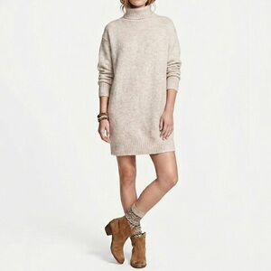 Wool Blend Oversized Oatmeal Melange Knit Turtleneck Sweater Dress Hygge Scandi